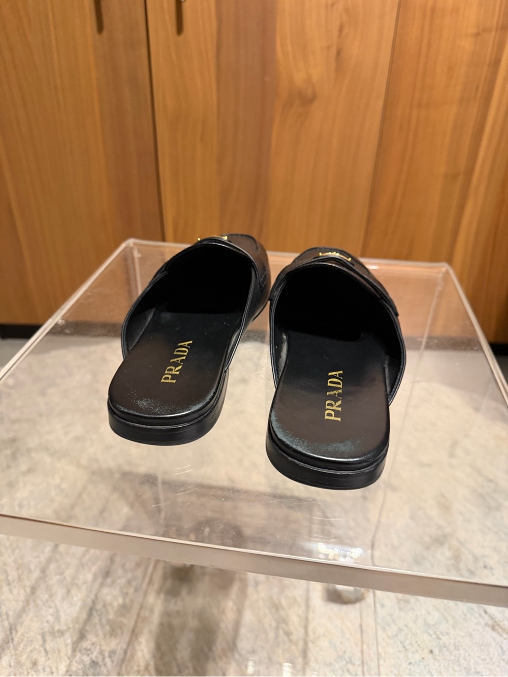 Prada Black Leather Backless Loafer Mule with Gold Triangle Hardware - Picture 9 of 13
